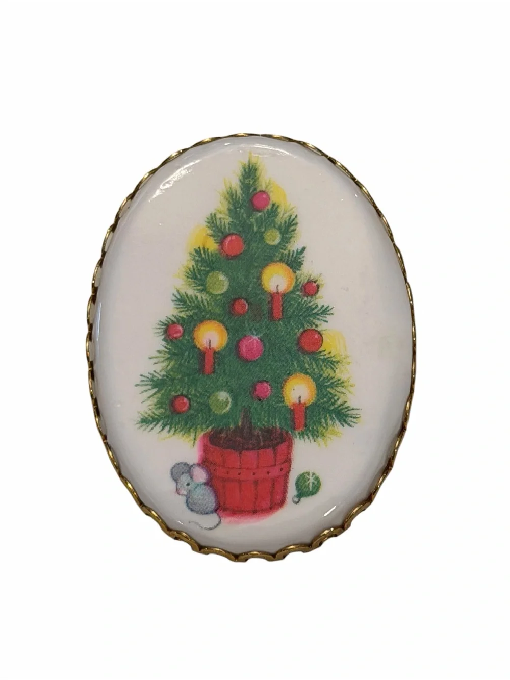 Vintage Hallmark Cameo Holiday Christmas Tree Mouse Brooch Pin Festive Gold